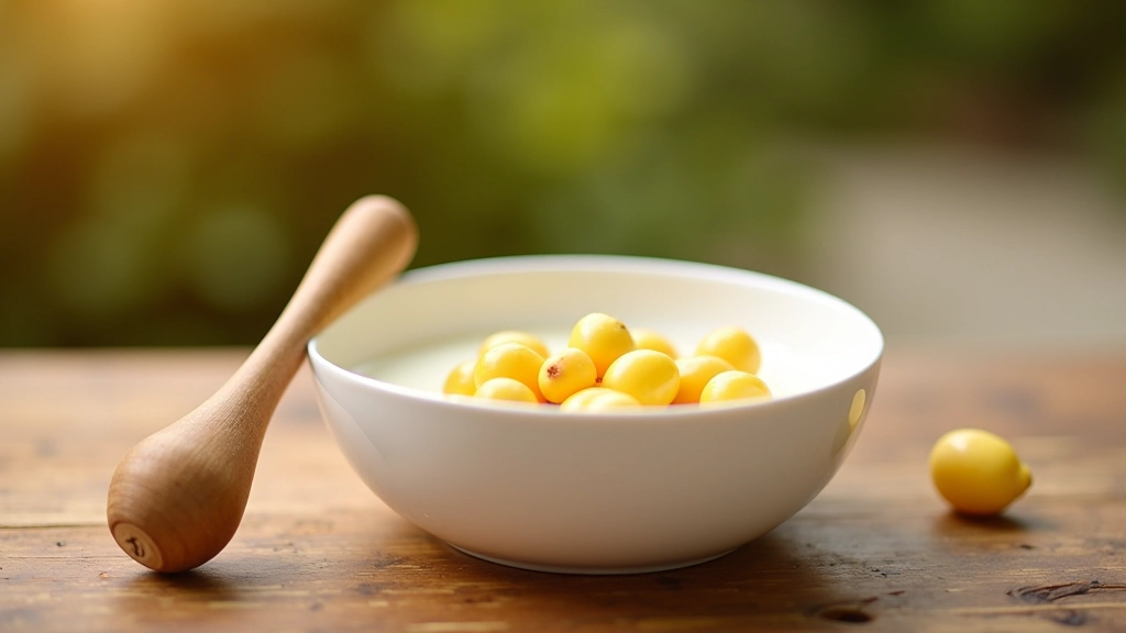 Bol en céramique blanche contenant des baies fraîches et du yaourt nature, cuillère en bois, table rustique, lumière de midi
