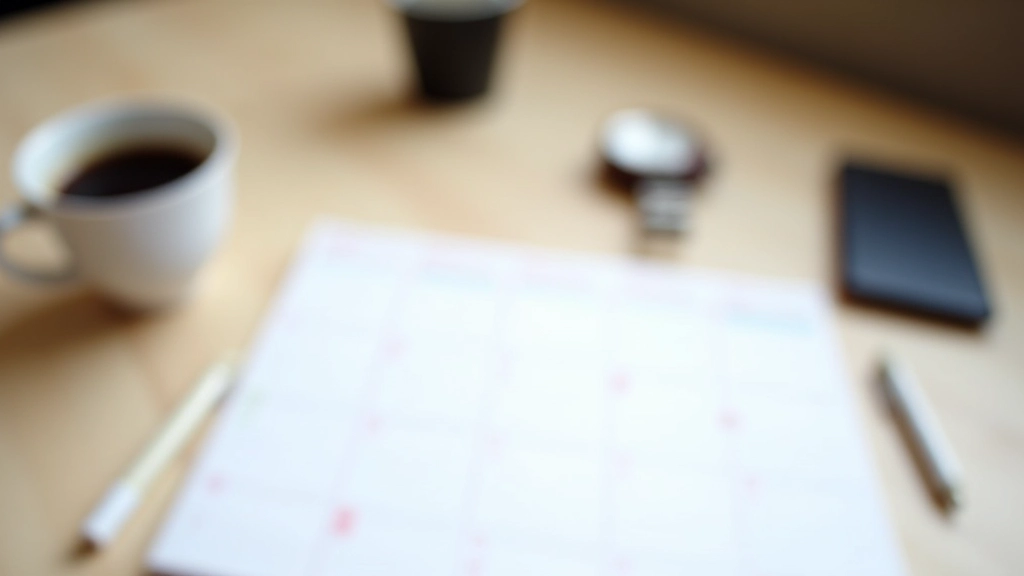 Calendrier ouvert sur un bureau avec un stylo, tasse de café, montre, planification de la semaine, organisation quotidienne