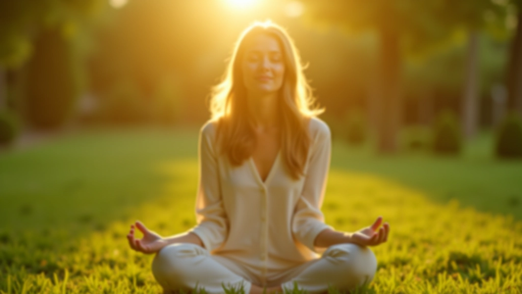 Femme assise en lotus dans un jardin paisible, yeux fermés, mains sur les genoux, lumière dorée du matin