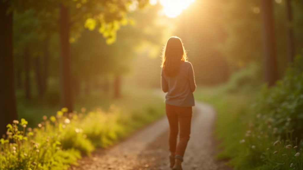 Femme en pleine conscience marchant dans un sentier de nature, environnement paisible, lumière douce du matin