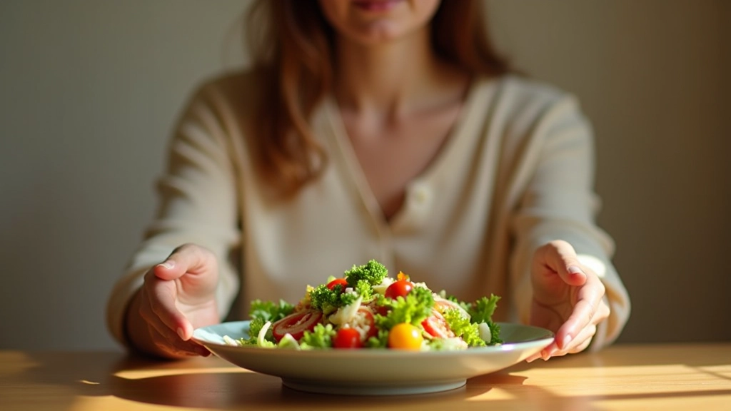 Femme mangeant consciemment une salade colorée à une table en bois, lumière naturelle douce, moment de sérénité