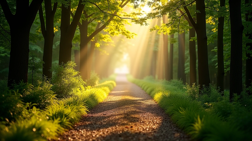 Sentier forestier avec lumière filtrée, chemin calme et paisible pour la méditation en marchant