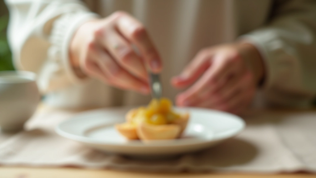 Gros plan sur des mains tenant délicatement une fourchette au-dessus d'une assiette élégante, fond flou, ambiance méditative