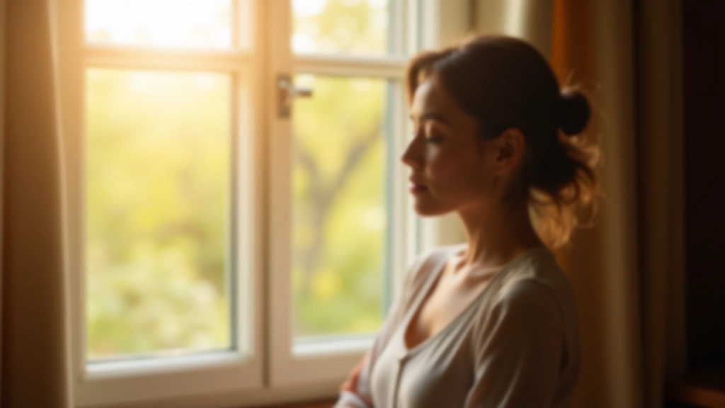 Personne regardant par la fenêtre avec une expression paisible et attentive, lumière douce du matin