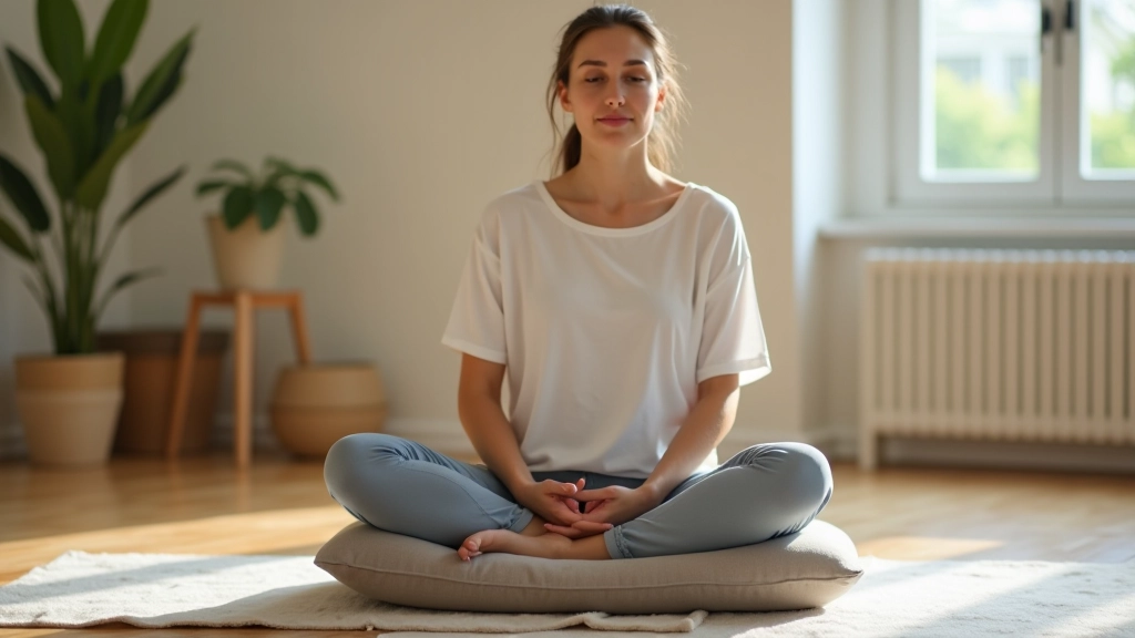 Personne assise confortablement sur un coussin de méditation, posture détendue mais attentive