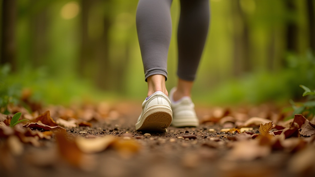 Pieds nus marchant sur un sentier en forêt, feuilles et mousse au sol, perspective au niveau du sol, calme naturel