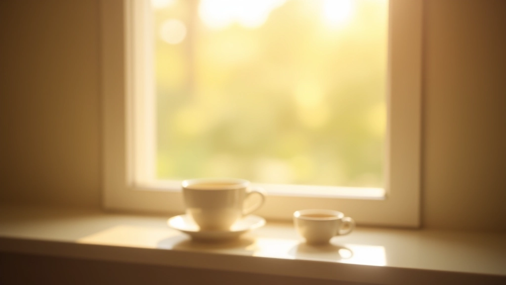 Fenêtre avec lumière douce du matin, tasse de thé sur le rebord, intérieur minimaliste et paisible