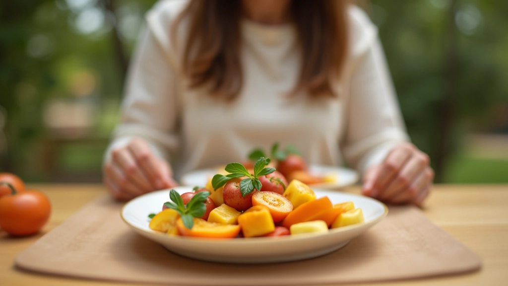 Table avec nourriture saine et colorée, montrant l'intention de manger consciemment avec attention